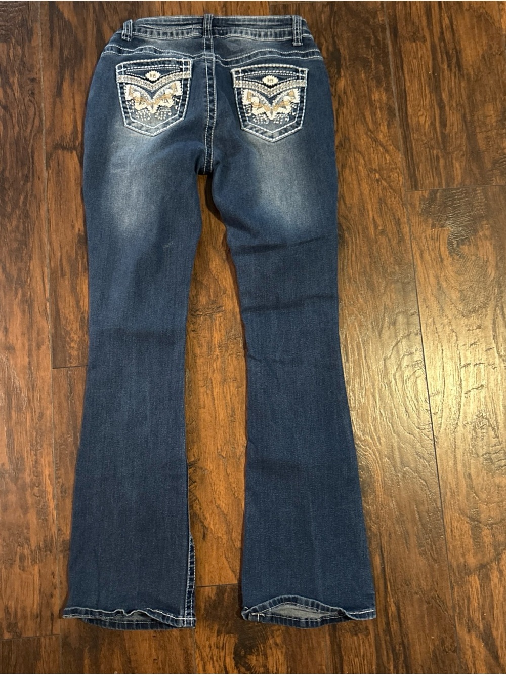 BAMBOO Dark Blue Straight Leg Jeans with Embroidered Back Pockets